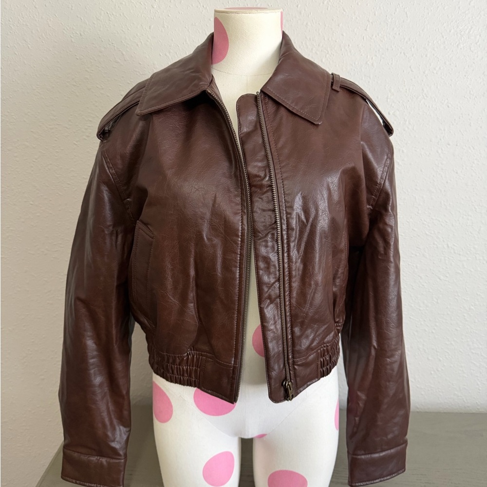 American eagle cropped faux leather bomber jacket S - Picture 2 of 6